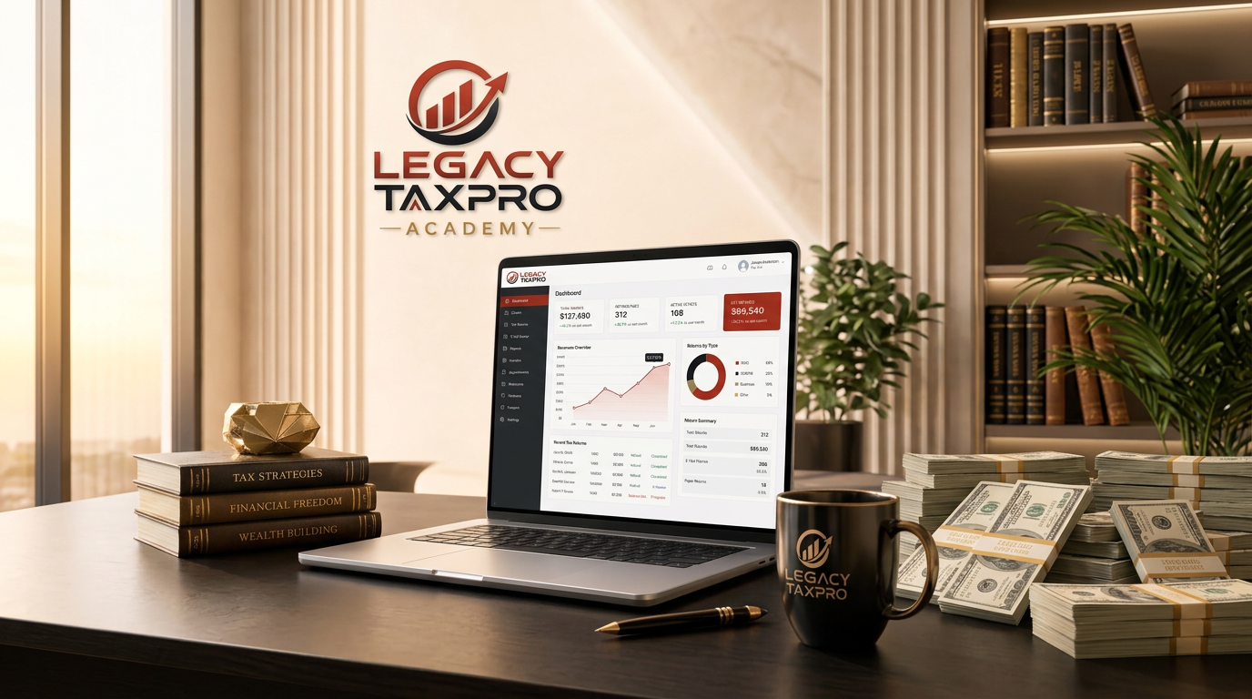 Legacy Tax Pro dashboard showing tax business revenue and growth metrics